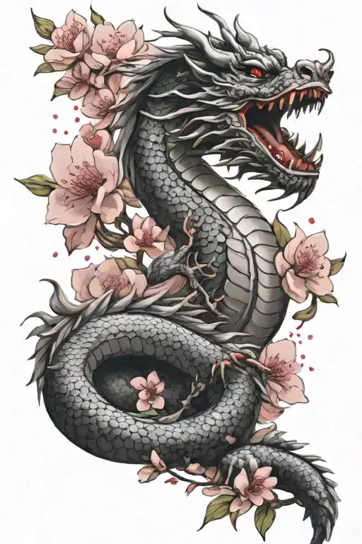 powerful majestic Japanese dragon with a crown flying alongside cherry blossoms surrounded by stars tattoo design idea
