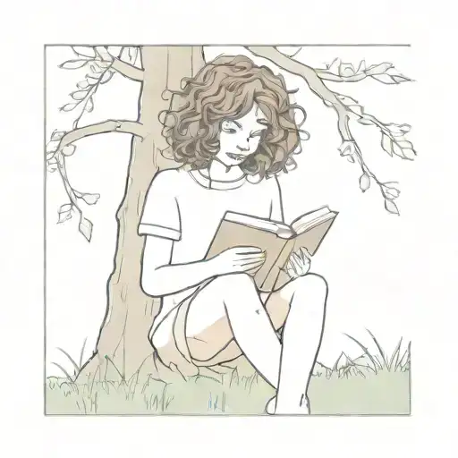 A little girl with brown curly hair is sitting on grass and leaning against a tree. she is reading a book. tattoo design idea
