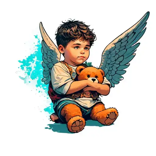 boy, Kaleb, Teddy bear holding,angel tattoo design idea