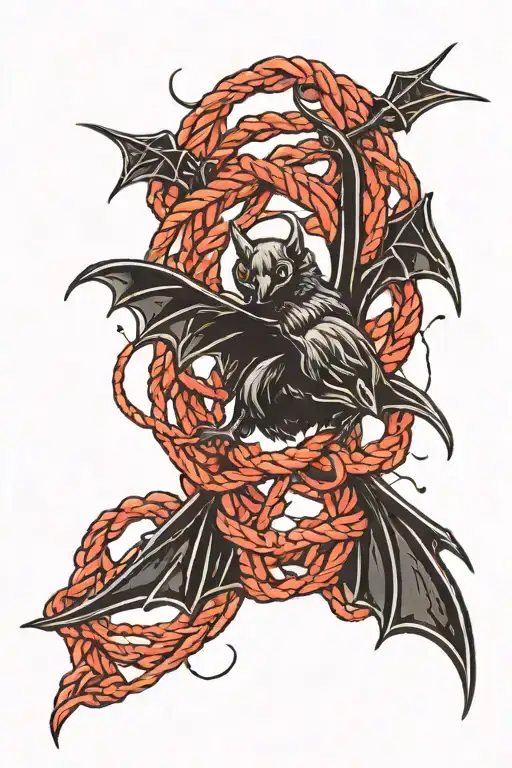 Black bat with black and red bdsm rope intertwined symbolizing tattoo design idea