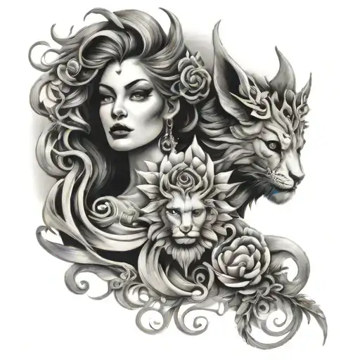 An edgy and elegant tattoo design featuring Mookat and HeBe in a black-grey style, blending the mystical and the divine in a harmonious composition tattoo design idea