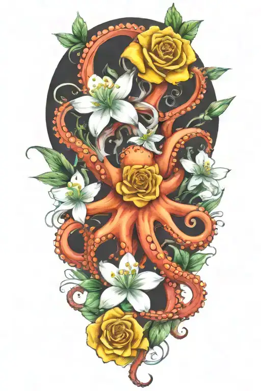 octopus, snowdrop, rose,  marigold flower tattoo design idea