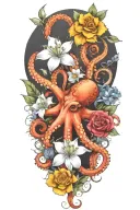 octopus, snowdrop, rose,  marigold flower tattoo design idea