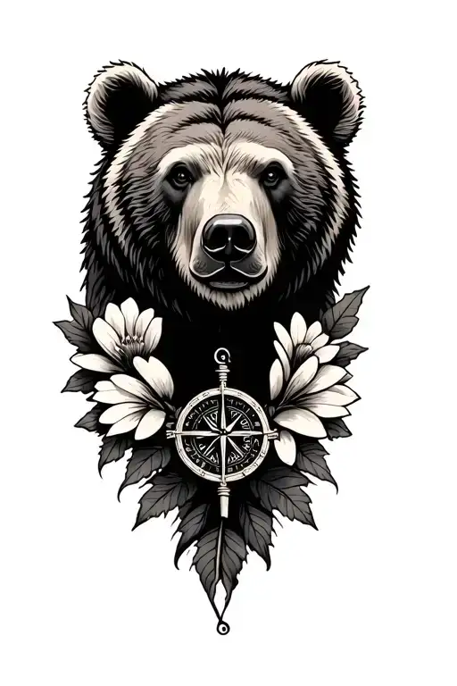 grizzly bear face with compass and flowers tattoo design idea