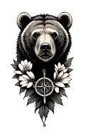 grizzly bear face with compass and flowers tattoo design idea