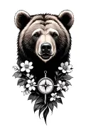 grizzly bear face with compass and flowers tattoo design idea