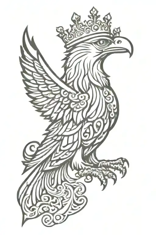 Happy eagle royal flourish wearing crown tattoo design idea