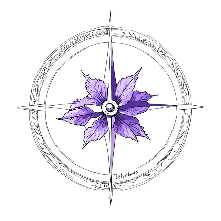 compass and one purple African violet flower tattoo design idea