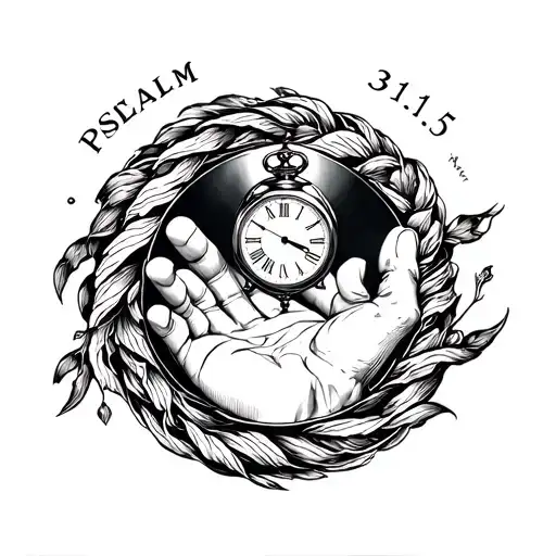 A detailed blackwork design of Psalm 31:15 wrapping around the forearm with a hand holding a small clock at the center. tattoo design idea