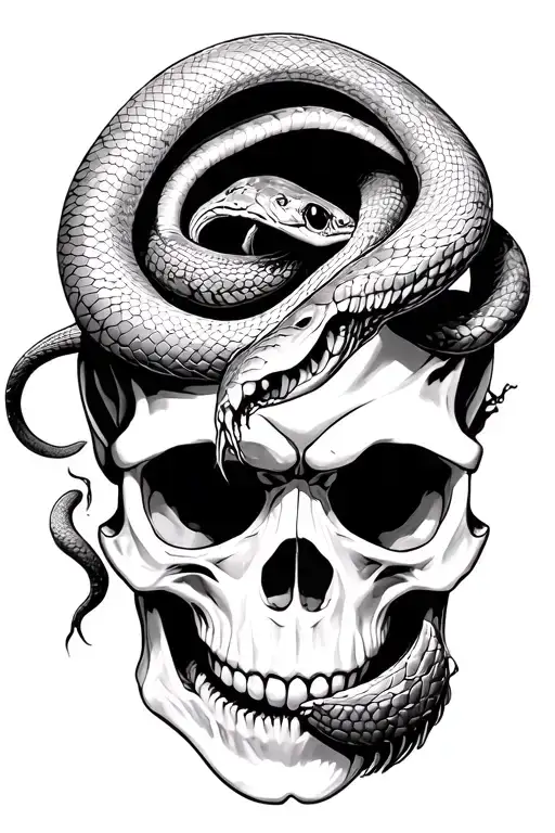 human skull mixed with a chimps with canines and a king Cobra and black mamba coming through the eye sockets tattoo design idea
