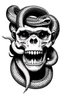 human skull mixed with a chimps with canines and a king Cobra and black mamba coming through the eye sockets tattoo design idea