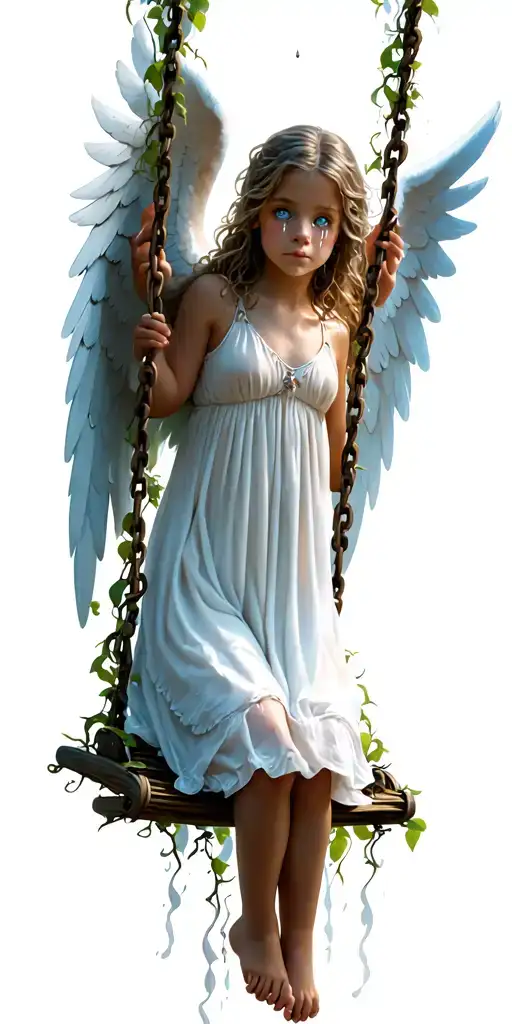 An angel girl with long white wings, on a swing made of vines. Tears roll down from her blue eyes. tattoo design idea