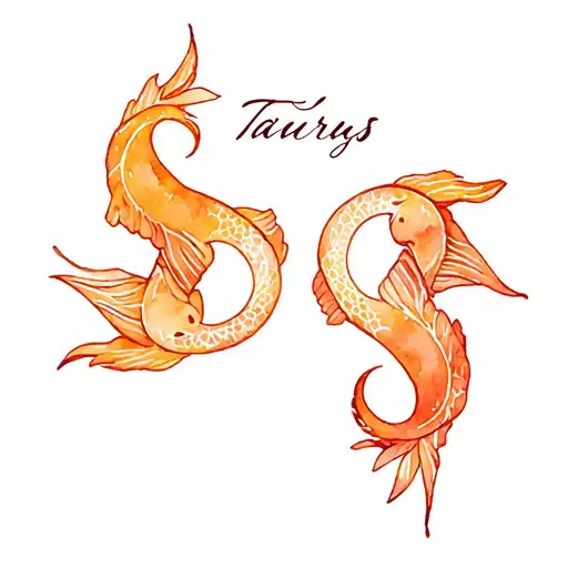 Make a compact small tattoo for back design which includes pisces and Taurus zodiac signs and calligraphy D letter tattoo design idea