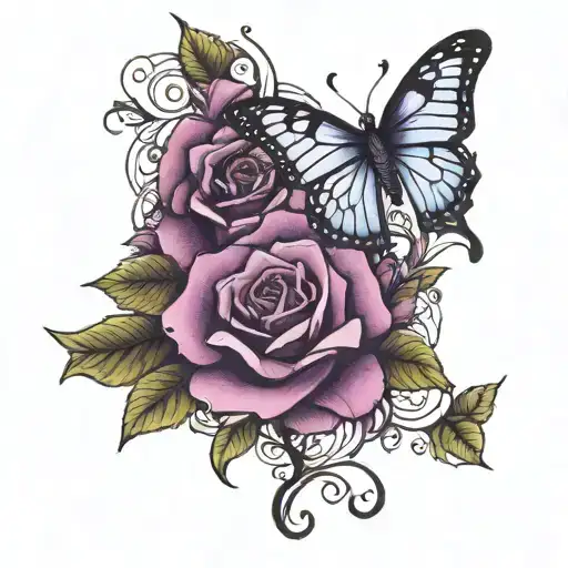purple rose and butterfly on thigh tattoo tattoo design idea