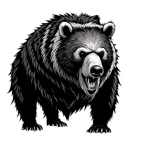 Viking style bear upper body, ferocious, black and white in knotwork art with varying dot densities. tattoo design idea