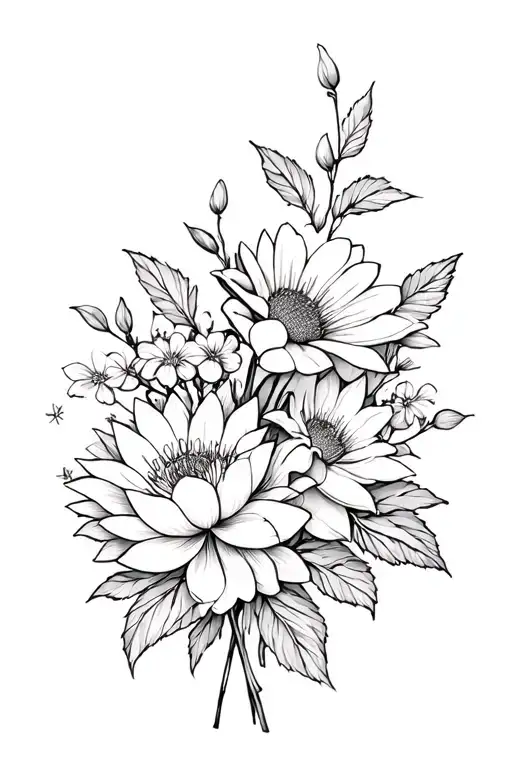black and white side view flower bouquet these flowers a lotus, cherry blossom, wild flowers, chrysanthemum and  tattoo design idea