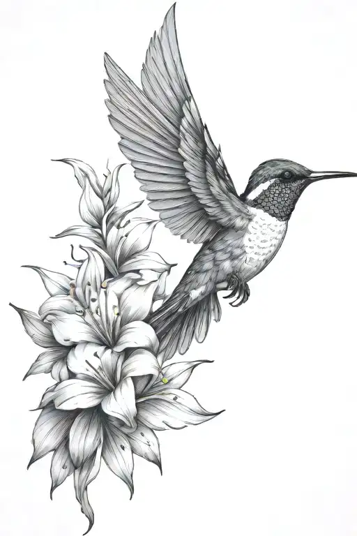 humming-bird tropical flowers and leaves tattoo design idea