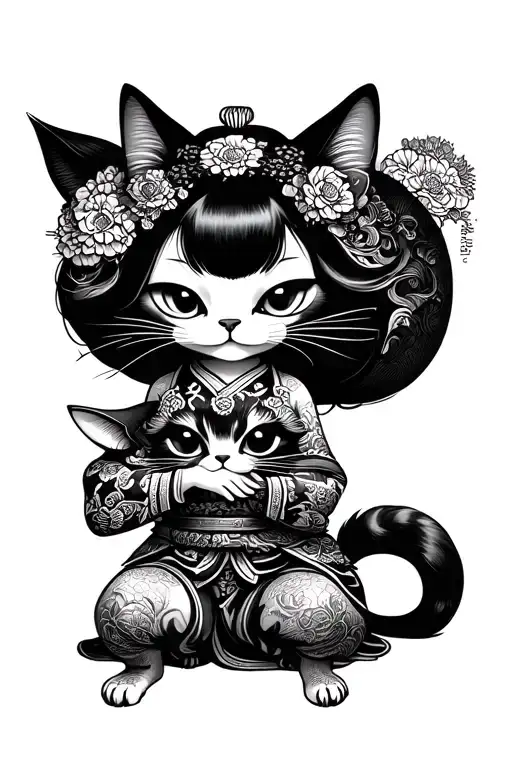 Cat-faced geisha kneels in arms with dead cat-faced samurai tattoo design idea