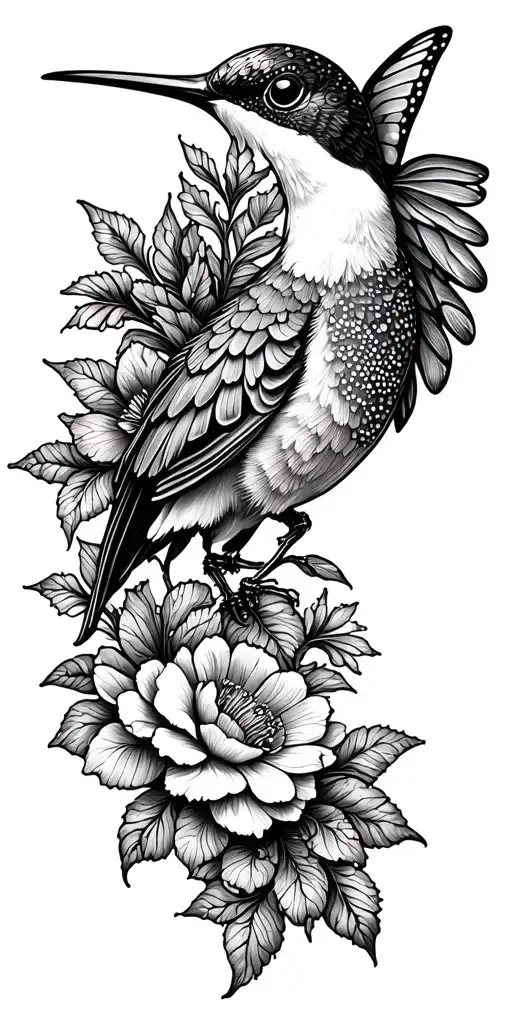humming bird, flowers, butterflies tattoo design idea