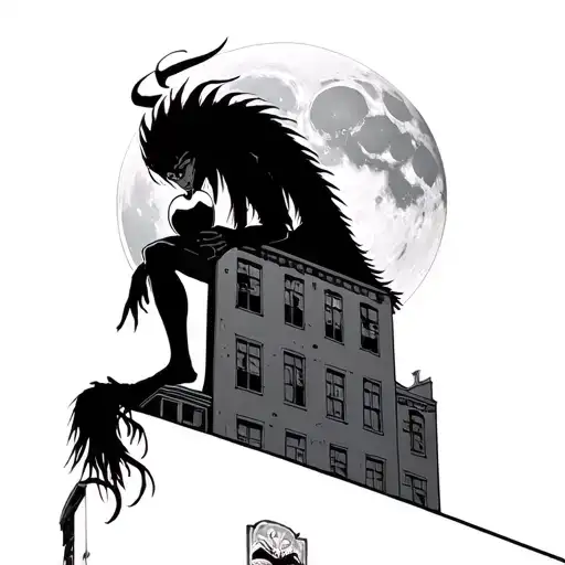 death note ryuk bent over eating an apple on a building with lunar eclipse behind tattoo design idea