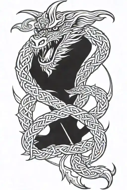 viking dragon with celtic knot scales intertwined wrapping a Valknut tattoo design idea