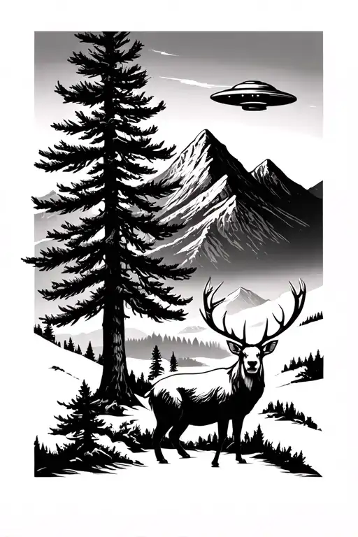pine forest with mountain in background black and a stag looking at viewer with a ufo flying in the sky tattoo design idea