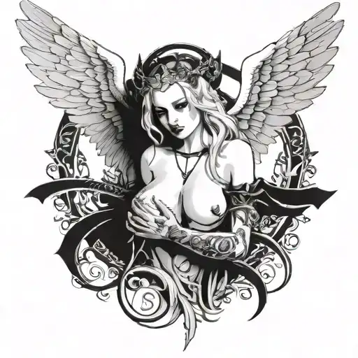 Sexy Angel, pale skin, Big breasts, Wide Hips, Angel wings, Halo, G-String, Revealing bra, Sexual, Full Body view tattoo design idea