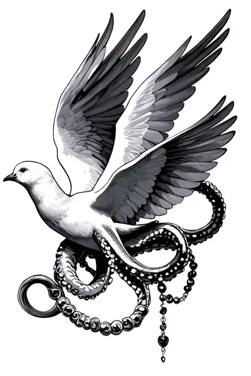 dove in flight rosary beads wrapping its tentacles tattoo design idea