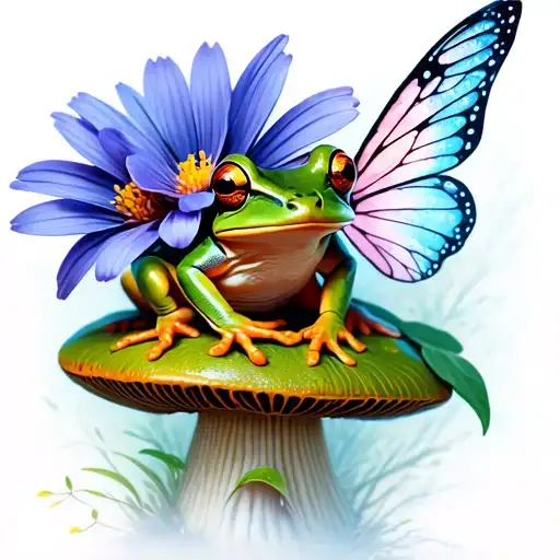 A frog with fairy wings on its back sitting on a toadstool with a blueish-purple flower on its head tattoo design idea