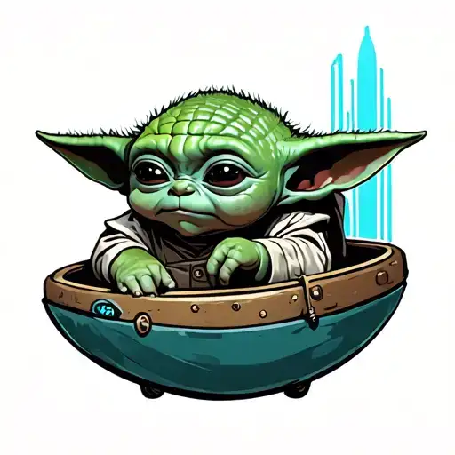 baby yoda in pod holdind a tardis tattoo design idea