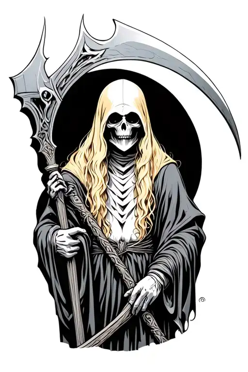 blonde haired grim reaper holding a scythe tattoo design idea
