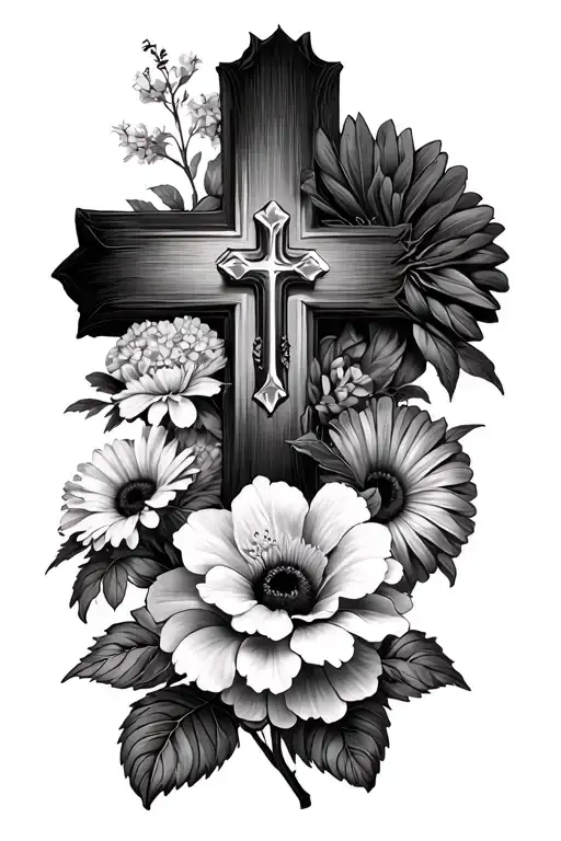 hydrangea gerbera daisy hibiscus pansys and peony's in a cross shape with the cross visible tattoo design idea