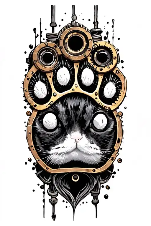 Steampunk Cat paw print surrounded tattoo design idea