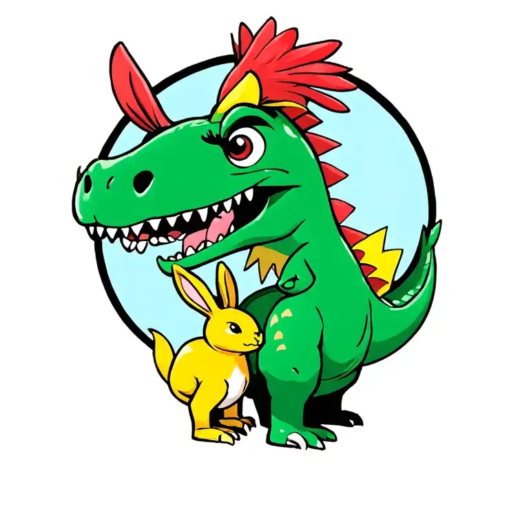 a red Bird, a yellow bunny and a green dinosaur tattoo design idea