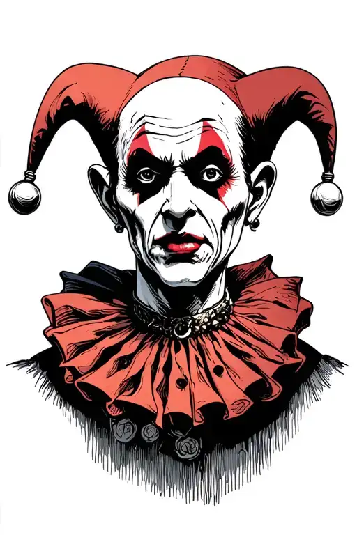 “A full-body creepy, solemn jester illustrated in the style of a vintage black-ink etching. The jester has a gaunt, elon tattoo design idea