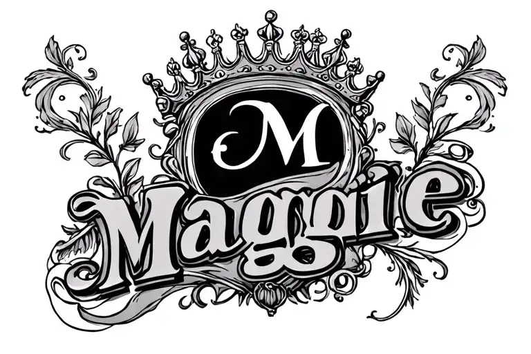"Maggie" with a crown on the M, with a vintage frame around. wide slightly curved up in the middle tattoo design idea