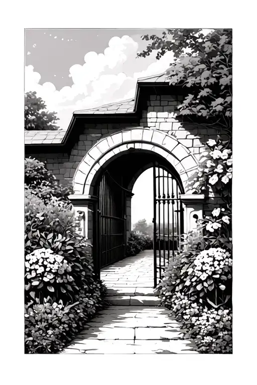 garden with small gate opening tattoo design idea