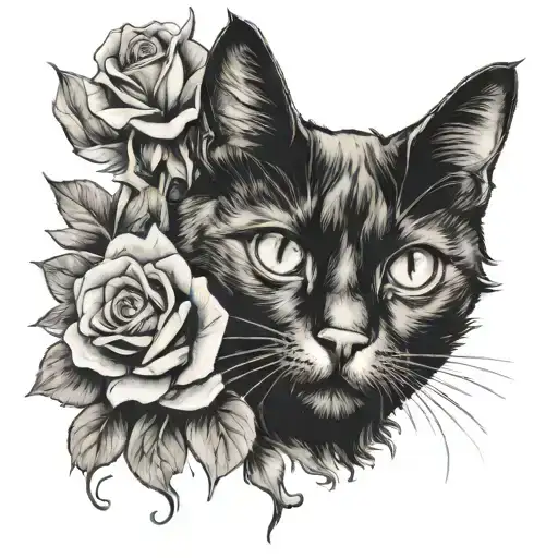 black cat under a wilted rose tattoo design idea