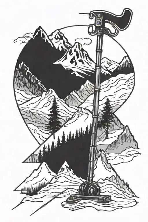 ski poles crossed with a snowy mountain peak surrounded tattoo design idea