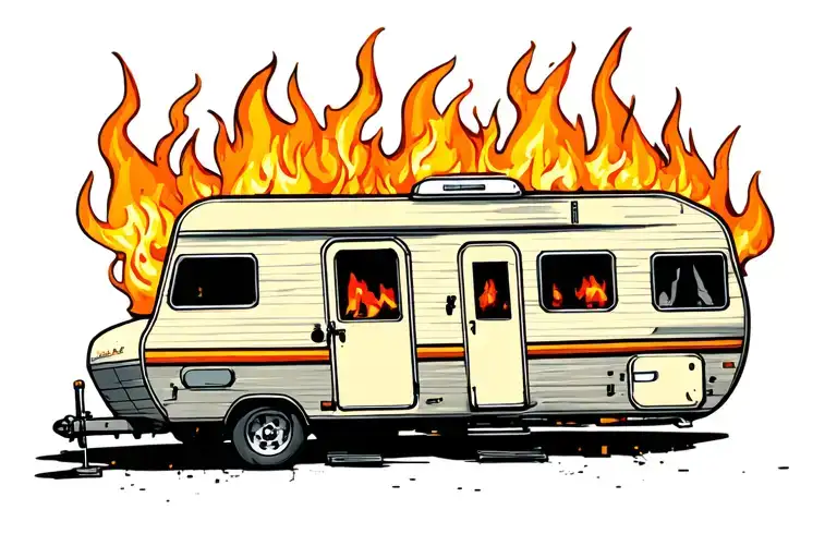 camper trailer engulfed in flames tattoo design idea