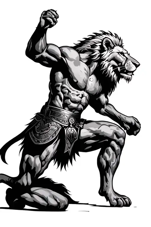 lion and spartan warrior kneeling tattoo design idea