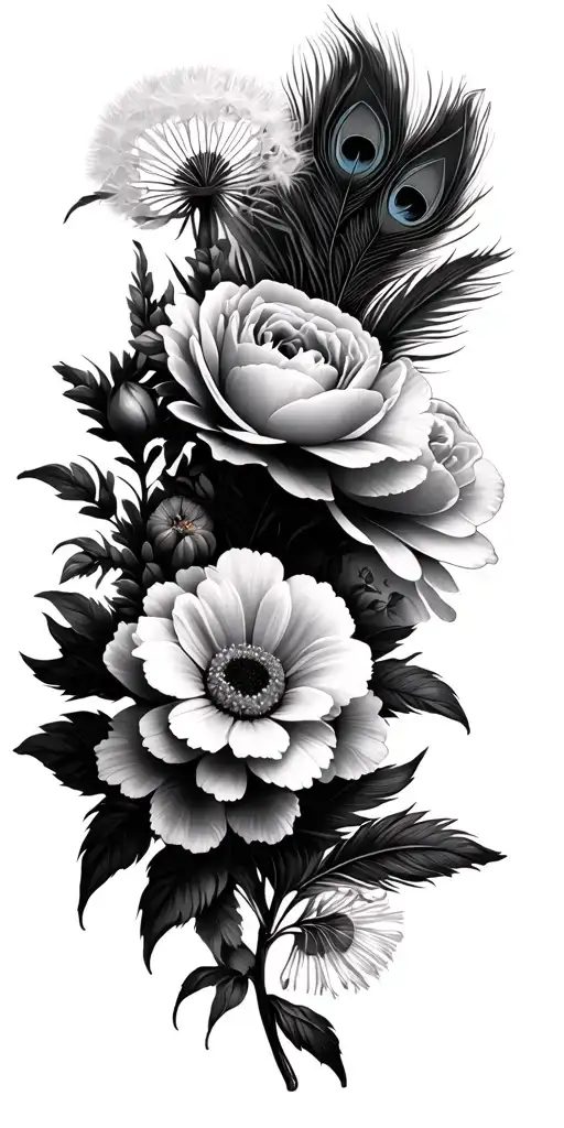 floral with Mandelas, peonies, lilies, daisy, carnation,dandelion puff, peacock feathers tattoo design idea