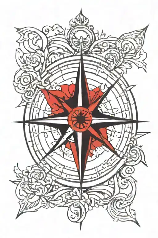 A traditional tattoo of a black and red compass rose with the initials of the client's wife and kids hidden within the design tattoo design idea