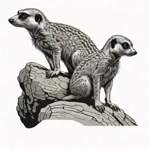 Meerkat father with baby standing on a rock and observing the surroundings tattoo design idea