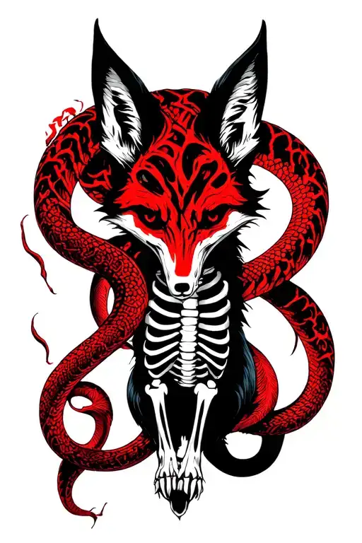 Tatt in the Horror style where the black skeleton of the fox is enveloped in a red snake tattoo design idea