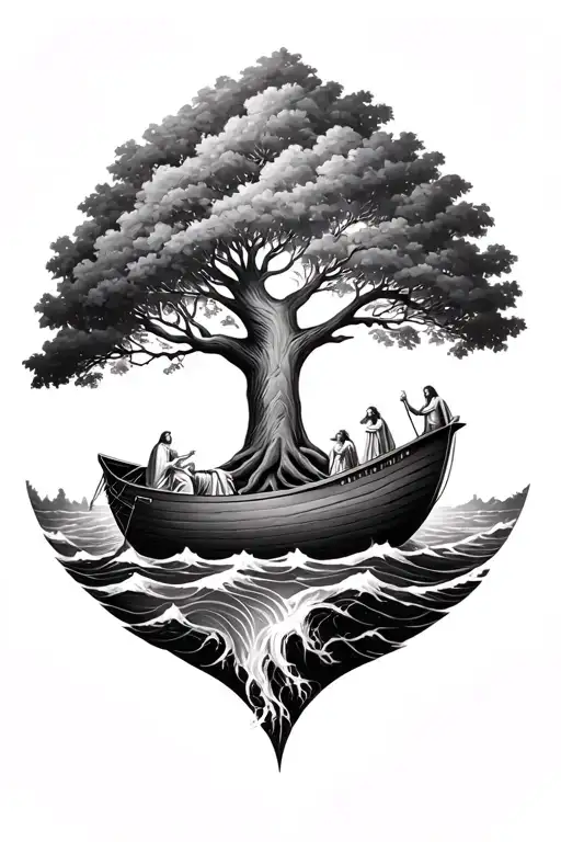 the tree of life and Noah's ark with Moses parting the sea realistic style tattoo design idea
