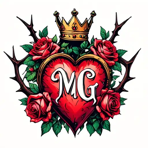 "M G" heart surrounded by thorns and roses with a crown adorned tattoo design idea