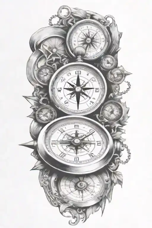 stopwatch and compass with scroll tattoo design idea