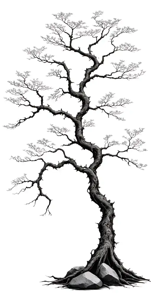 tall dead bonsai tree many branches and twigs rough bark roots gripping rocks. black grey padded structure tattoo design idea
