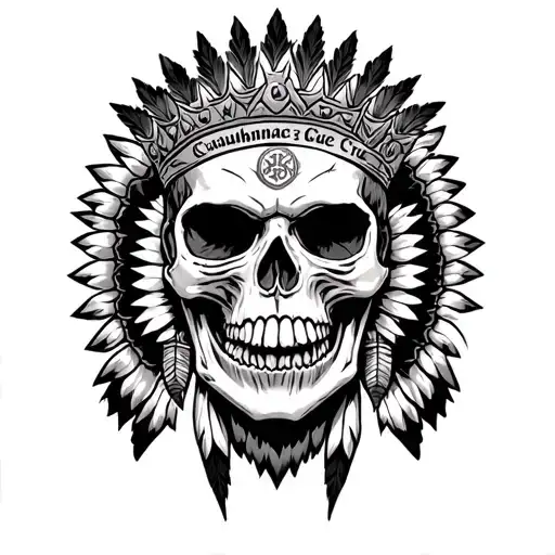 Skull in front of an anger with a crown of indigenous king and motto around that Cuauhnahuac's Crue says tattoo design idea